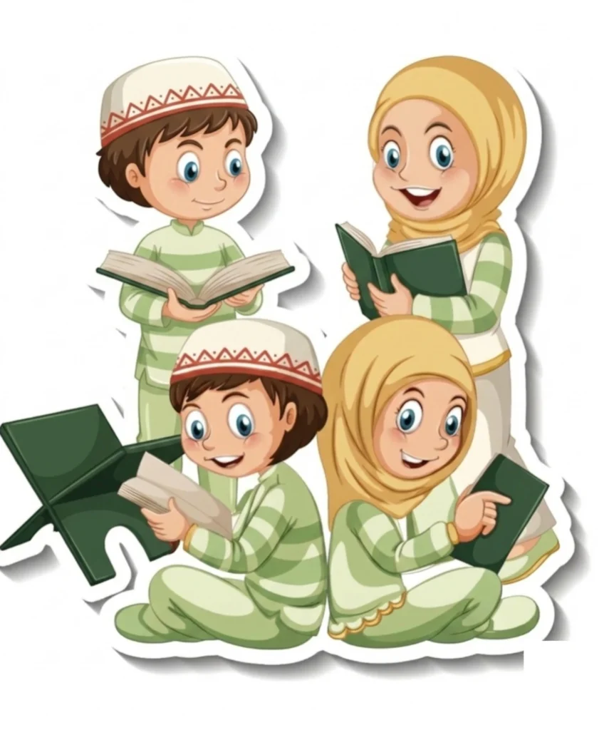 Four smiling Muslim children happily reading the Quran together