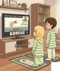 two kids are learning salah steps during online class by watching tv
