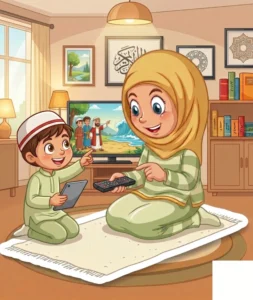 two kids enjoying quranic story during online class