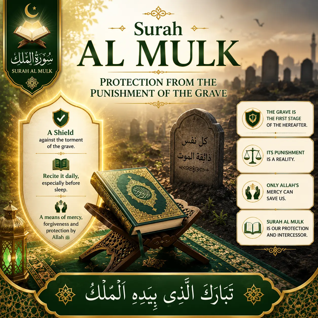 opened Quran on wood stand Benefits of Surah Al Mulk for Grave