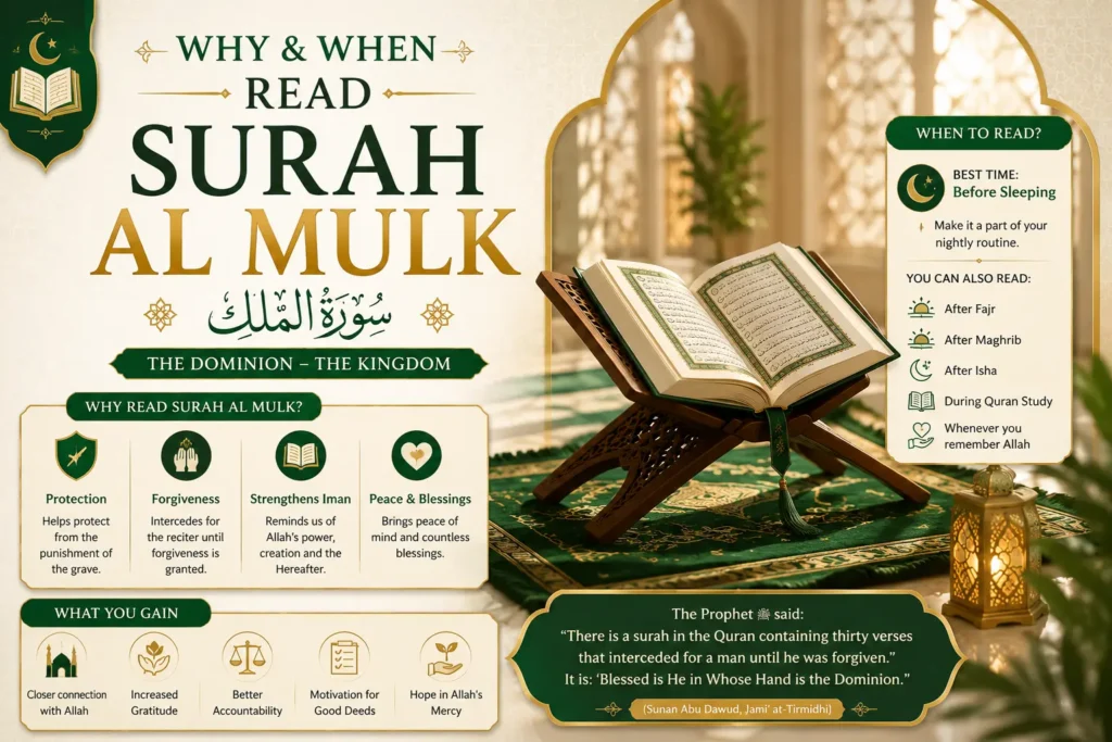 Benefits of Surah Al Mulk with opened Quran on wood stand