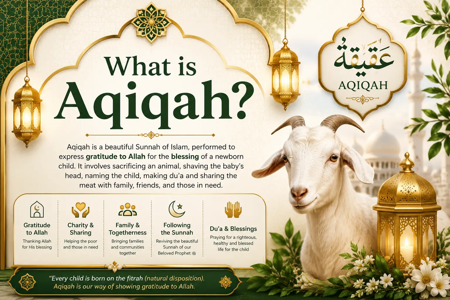 "An illustrative graphic for an Islamic baby ceremony titled 'What is Aqiqah in islam?' featuring a young goat or lamb in a serene, natural setting with elegant decorative borders