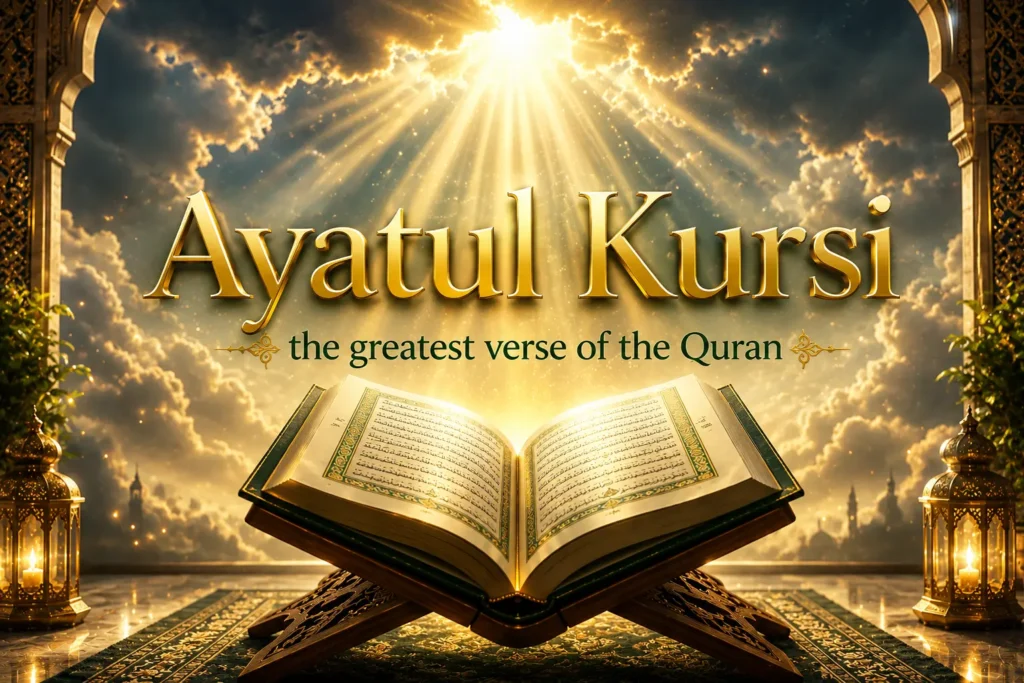 An opened Quran displaying Ayatul Kursi with warm glowing light