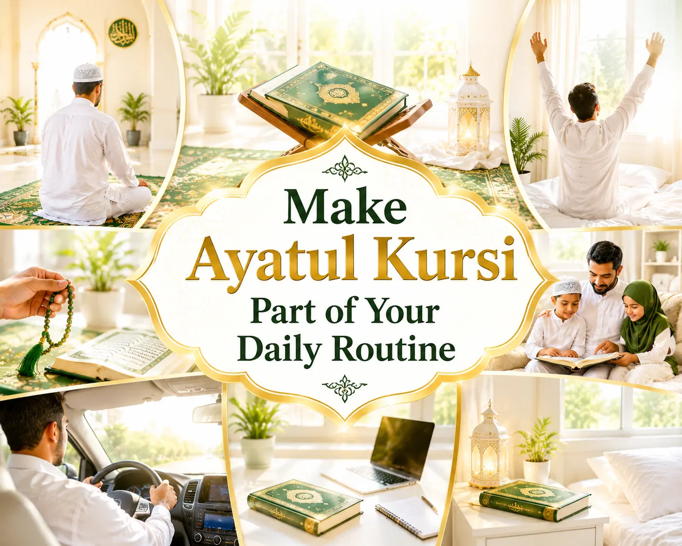 Infographic illustration showing the daily routine and benefits of Ayatul Kursi