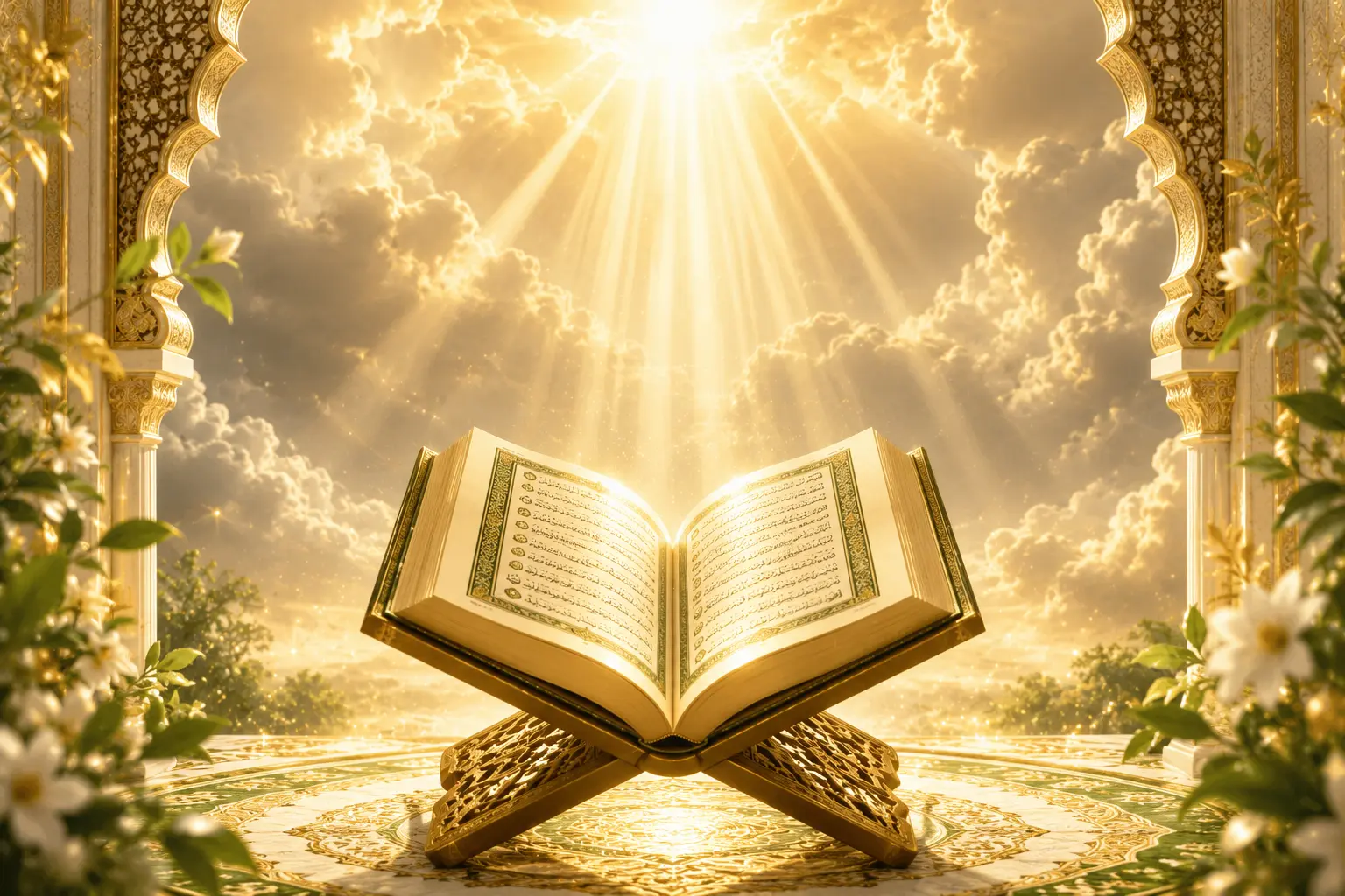 quran on stand in sky light , Benefits of Surah Al Kahf