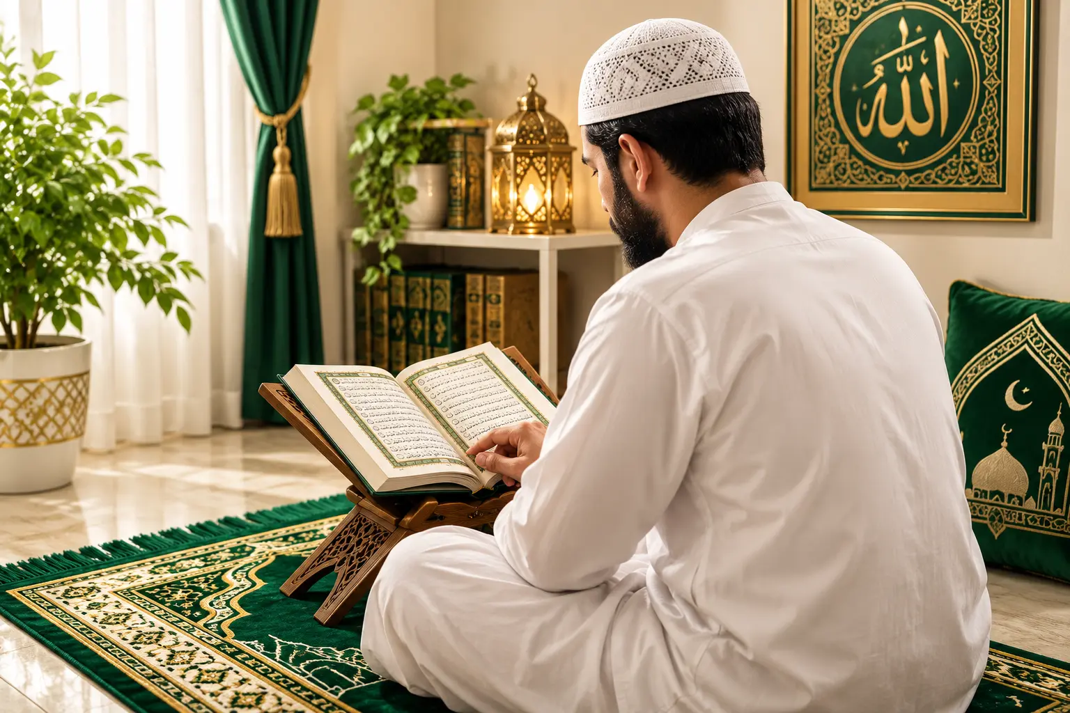 man reading quran on salah mate