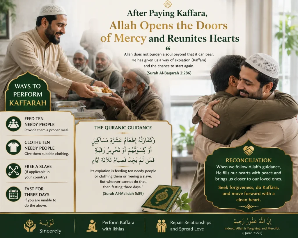 A man warmly reuniting and hugging his family after paying Kaffara for a broken oath