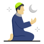An illustration of a Muslim man wearing a green skullcap (kufi) and blue clothing, sitting on a prayer mat in a kneeling supplication position with hands raised in Dua against a light background with a crescent moon and stars.