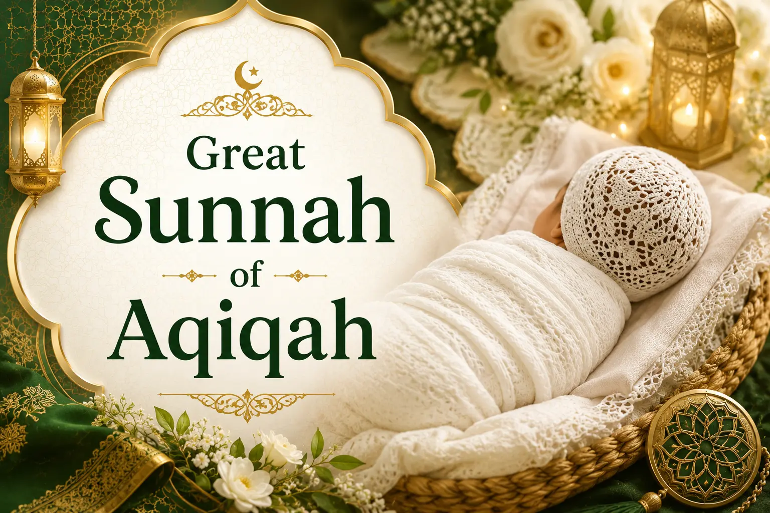 An illustrative graphic featuring a sleeping baby next to a decorative plaque that reads "Great Sunnah of Aqiqah" on a soft, glowing background