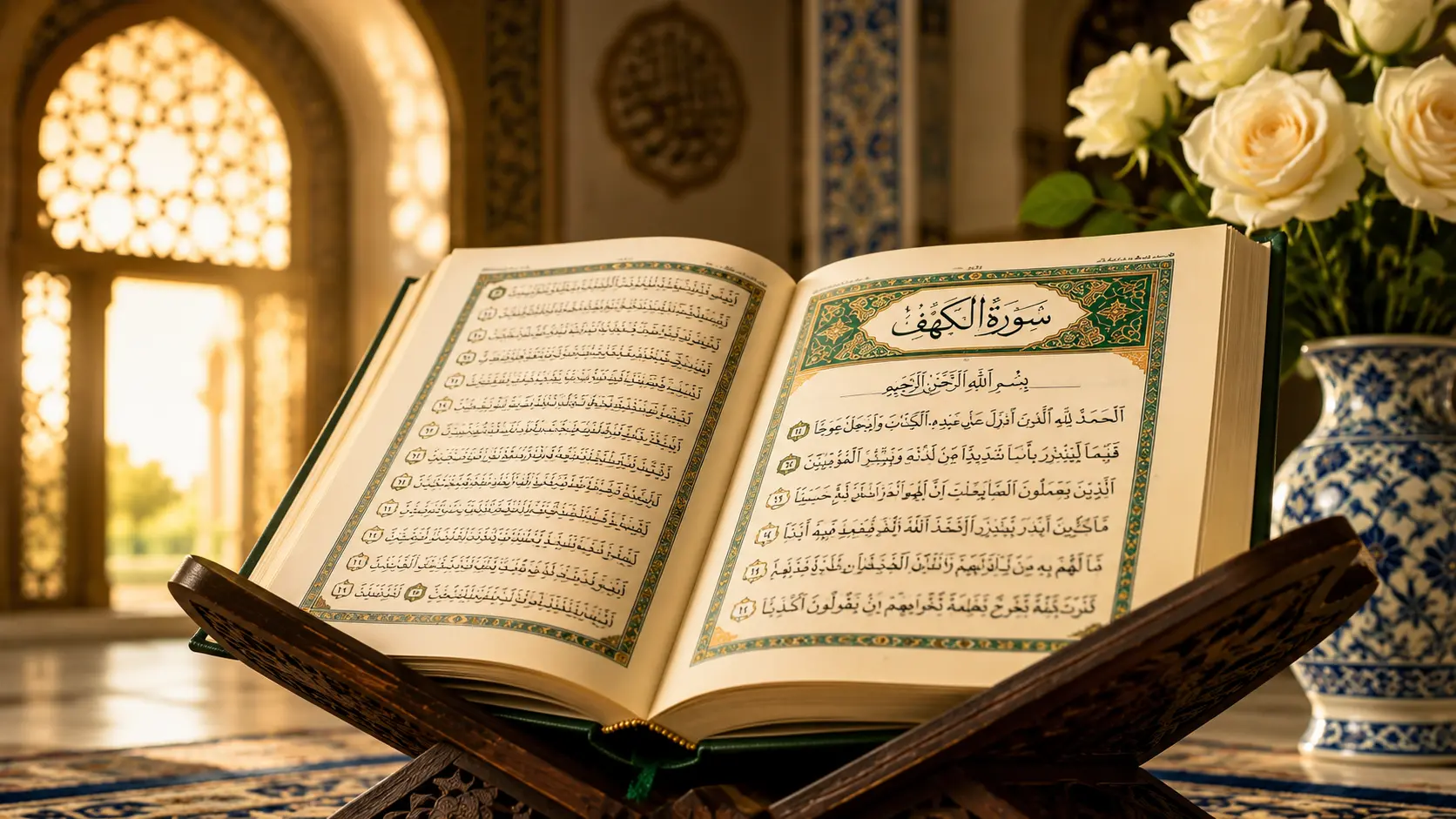 surah alkahf in opened Quran on wooden stand