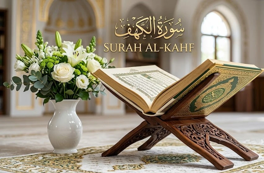 Quran book on stand with follower vase in masjid