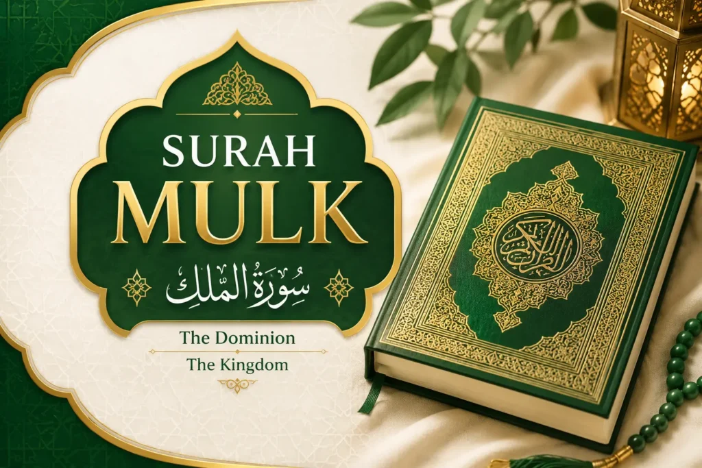 Open Quran showing Surah Al-Mulk with green and gold cover