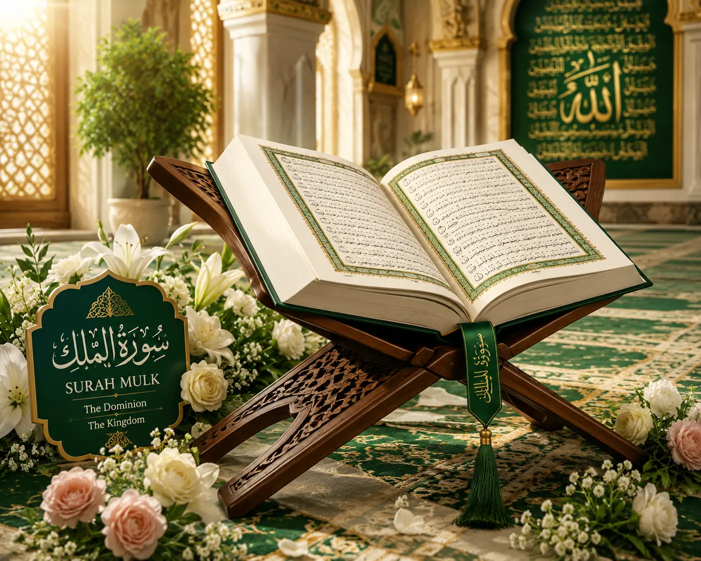 open quran on wooden atand with flowers for surah al mulk