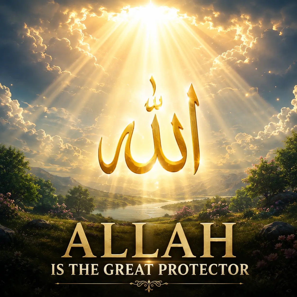 Islamic calligraphy artwork with Arabic text for Allah with the title 'Allah is the Great Protector' over a radiant glowing background