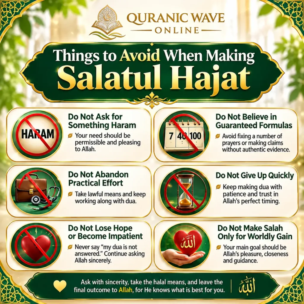 Infographic outlining things to avoid when making Salatul Hajat prayer, featuring Quranic Wave Online branding