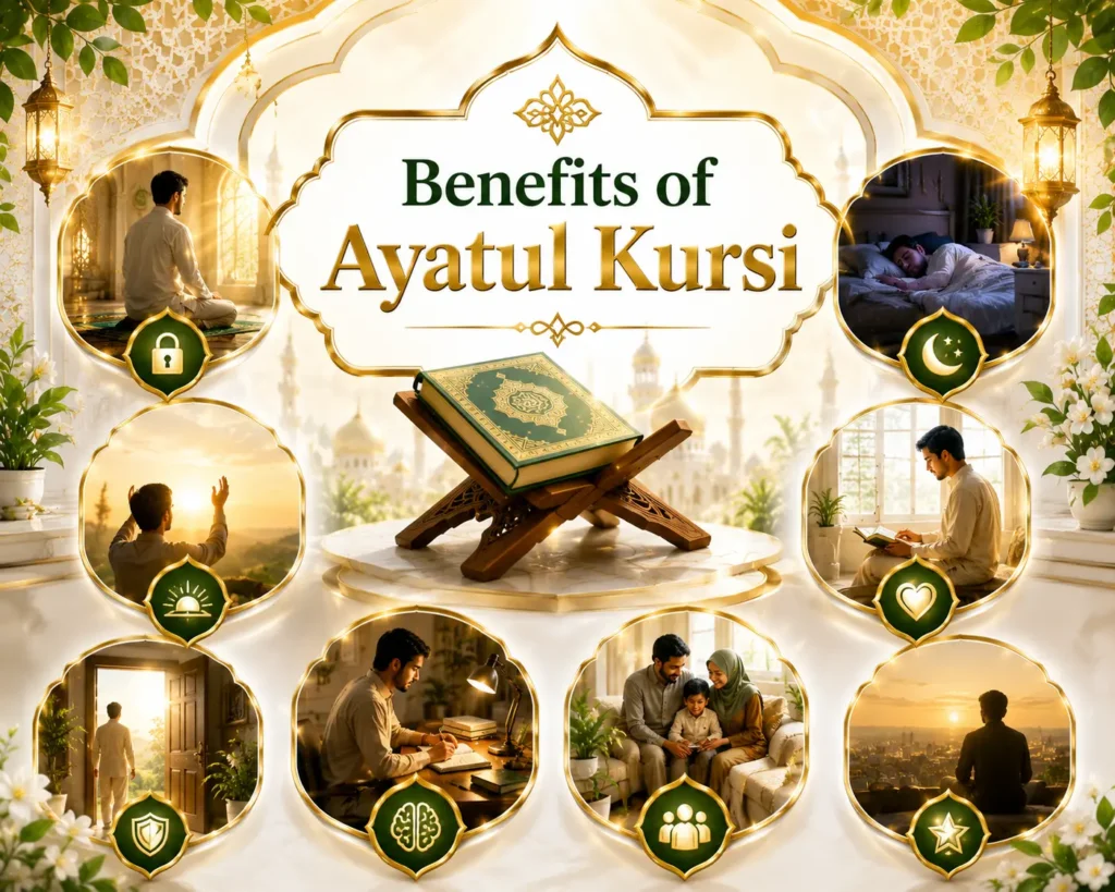An open Quran displaying Ayatul Kursi surrounded by decorative Islamic motifs and title text reading Benefits of Ayatul Kursi