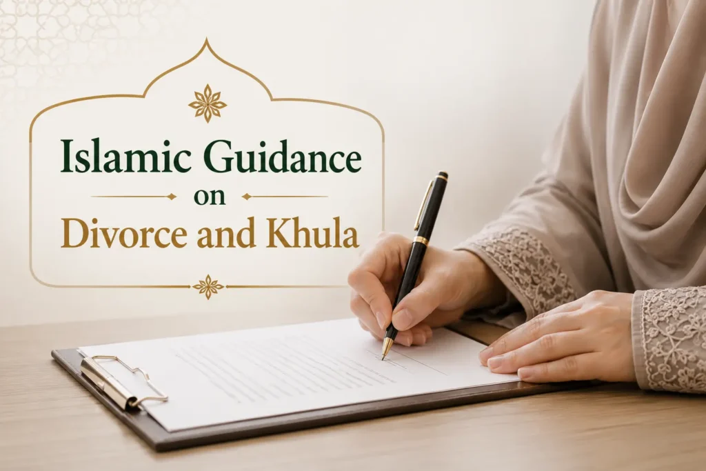 Person signing Islamic marriage separation document representing divorce and khula rights