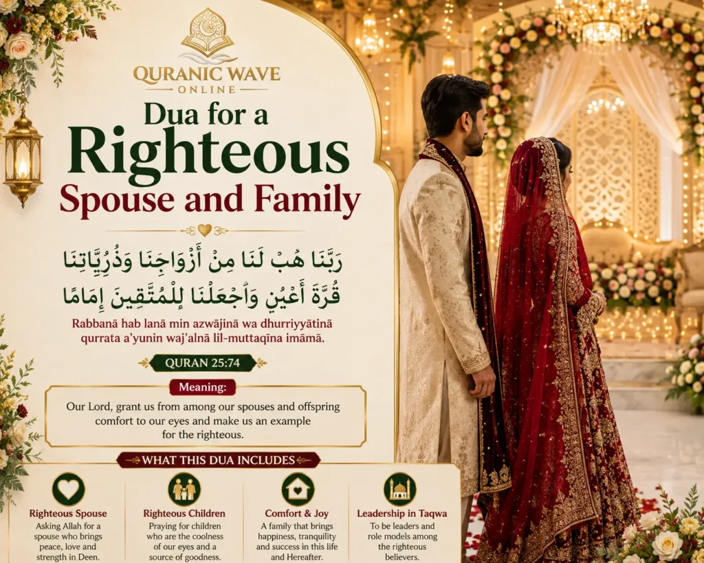 Dua for a Righteous Spouse and Family graphic featuring Quranic verse 25:74