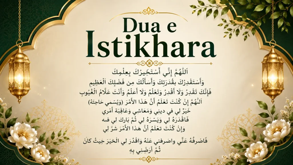 Dua e Istikhara graphic with Arabic text, transliteration, and translation