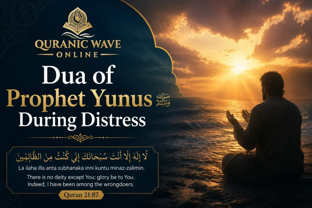 Man praying at sunset with text overlay of Dua of Prophet Yunus during distress