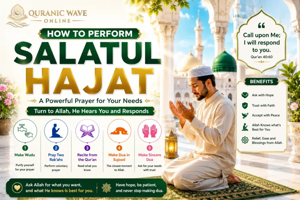 Salatul Hajat prayer guide showing a person in supplication with text reading How to Perform Salatul Hajat