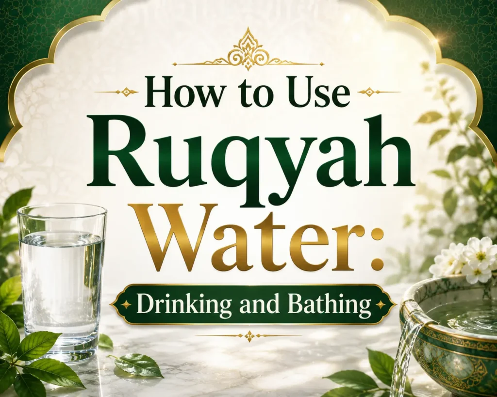 How to Use Ruqyah Water graphic featuring a glass of water, Quran, and guidance on drinking and bathing