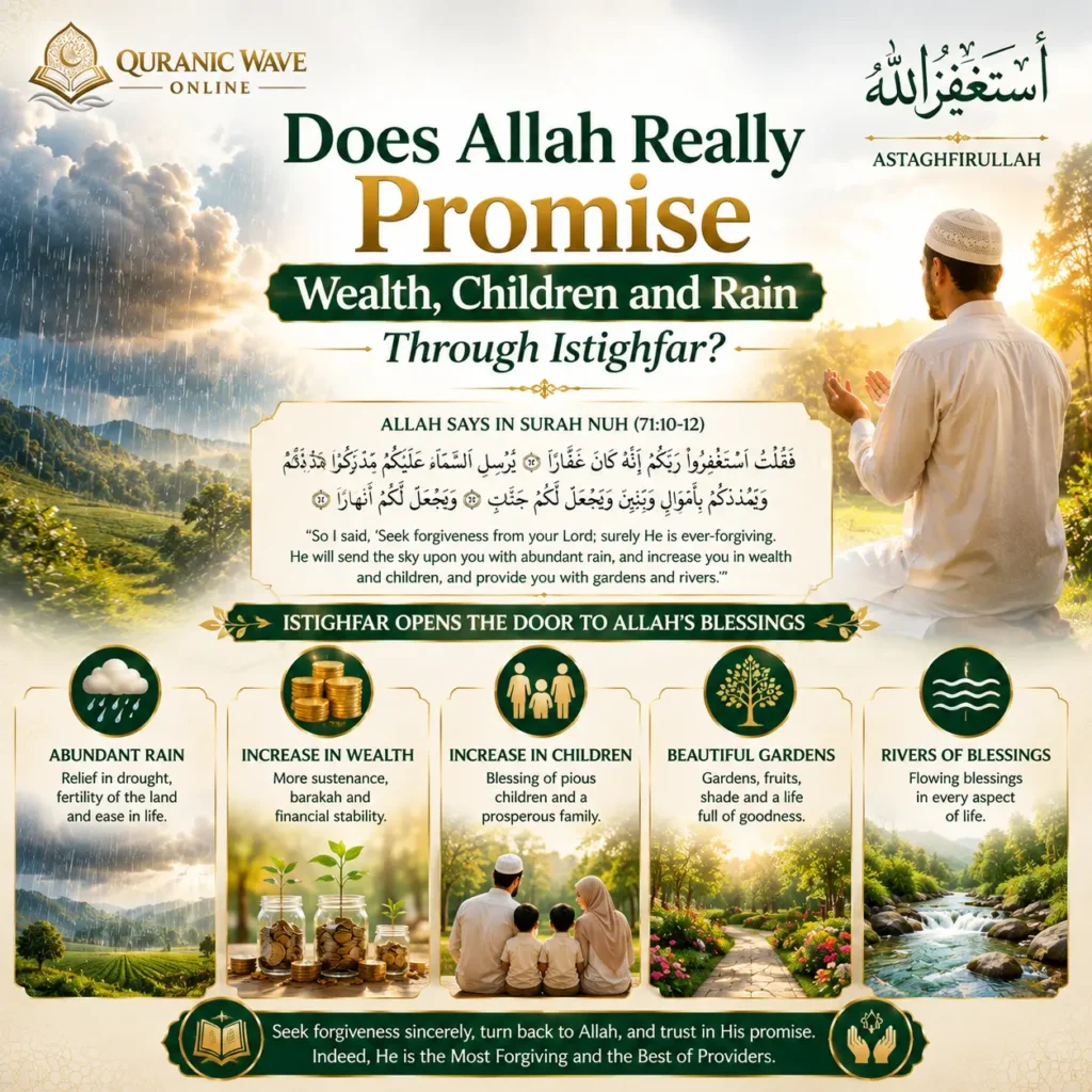 Infographic about Allah's promise of wealth, children, and rain through Istighfar