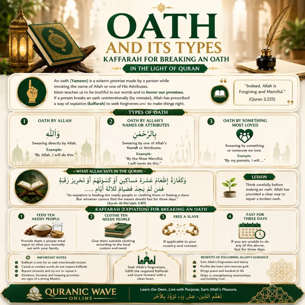 Infographic showing types of oath and Kaffarah for Breaking an Oath according to Quran