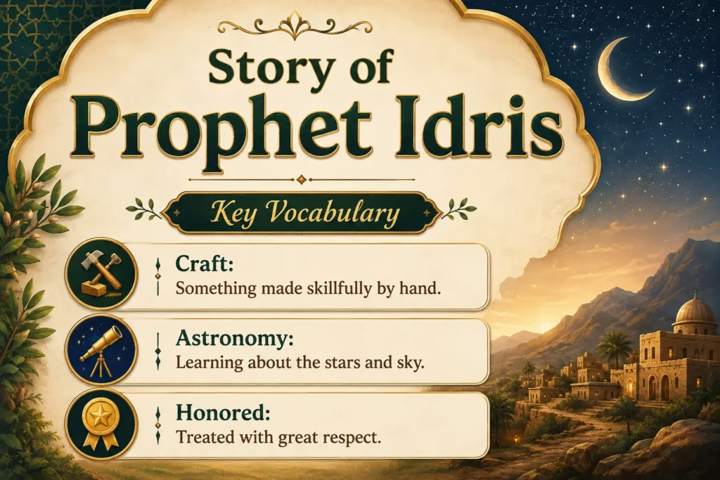 An educational poster titled "Key Vocabulary - Story of Prophet Idris (AS)" showing vocabulary words and definitions related to the story of Prophet Idris (AS)