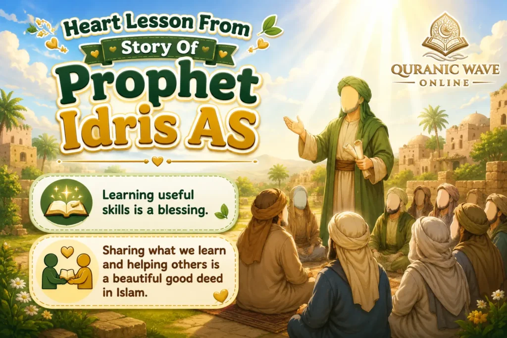 An illustration of Prophet Idris (AS) teaching people under a tree, with prominent yellow text reading "Heart Lesson From Story Of Prophet Idris AS" at the top left