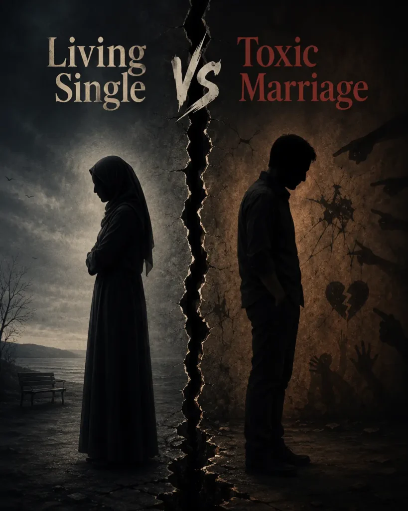 Illustration depicting living single vs toxic marriage with a silhouette of a person standing peacefully in light next to a broken relationship silhouette