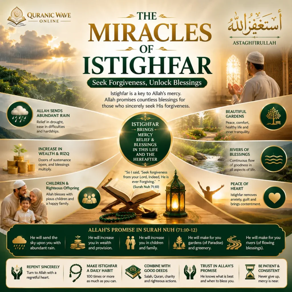 Infographic showing the benefits and miracles of Istighfar in Islam
