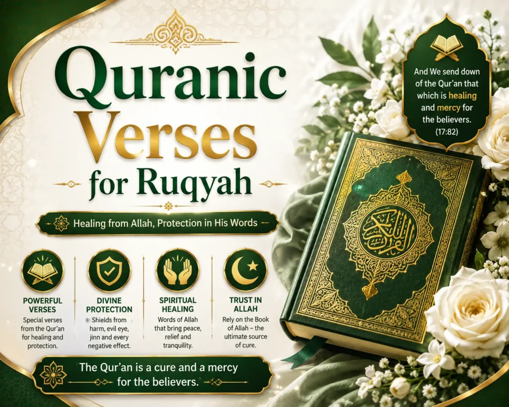 Quranic Verses for Ruqyah graphic featuring an open Quran, glowing lantern, and white roses