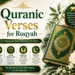 Quranic Verses for Ruqyah cover graphic featuring an open Quran surrounded by glowing lights.