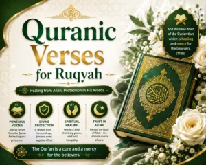 Quranic Verses for Ruqyah cover graphic featuring an open Quran surrounded by glowing lights.
