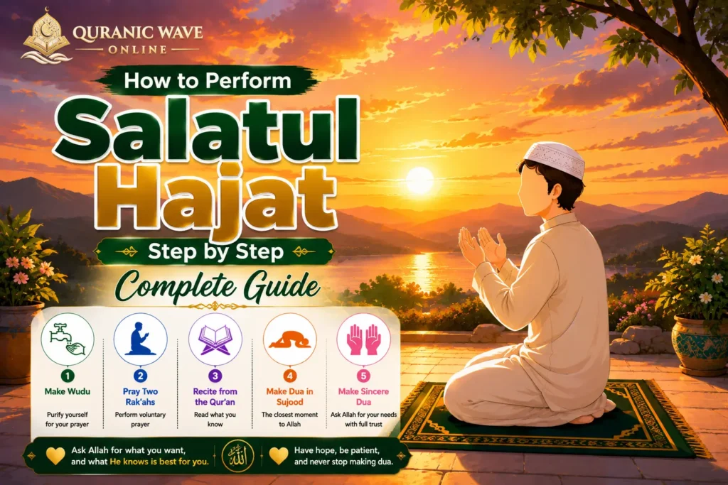 Step-by-step complete guide graphic on how to perform Salatul Hajat prayer showing a person in supplication