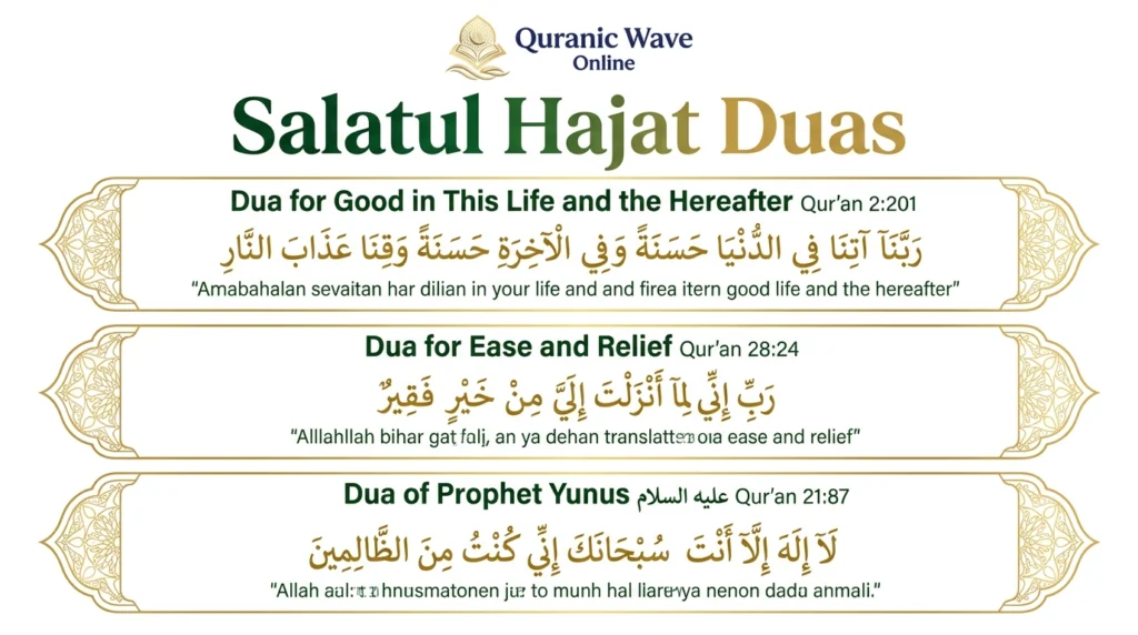 Infographic listing three Quranic Salatul Hajat Duas in Arabic with English translation, featuring the Quranic Wave Online logo