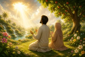 Prophet Adam and Hawwa sitting together seeking forgiveness from Allah