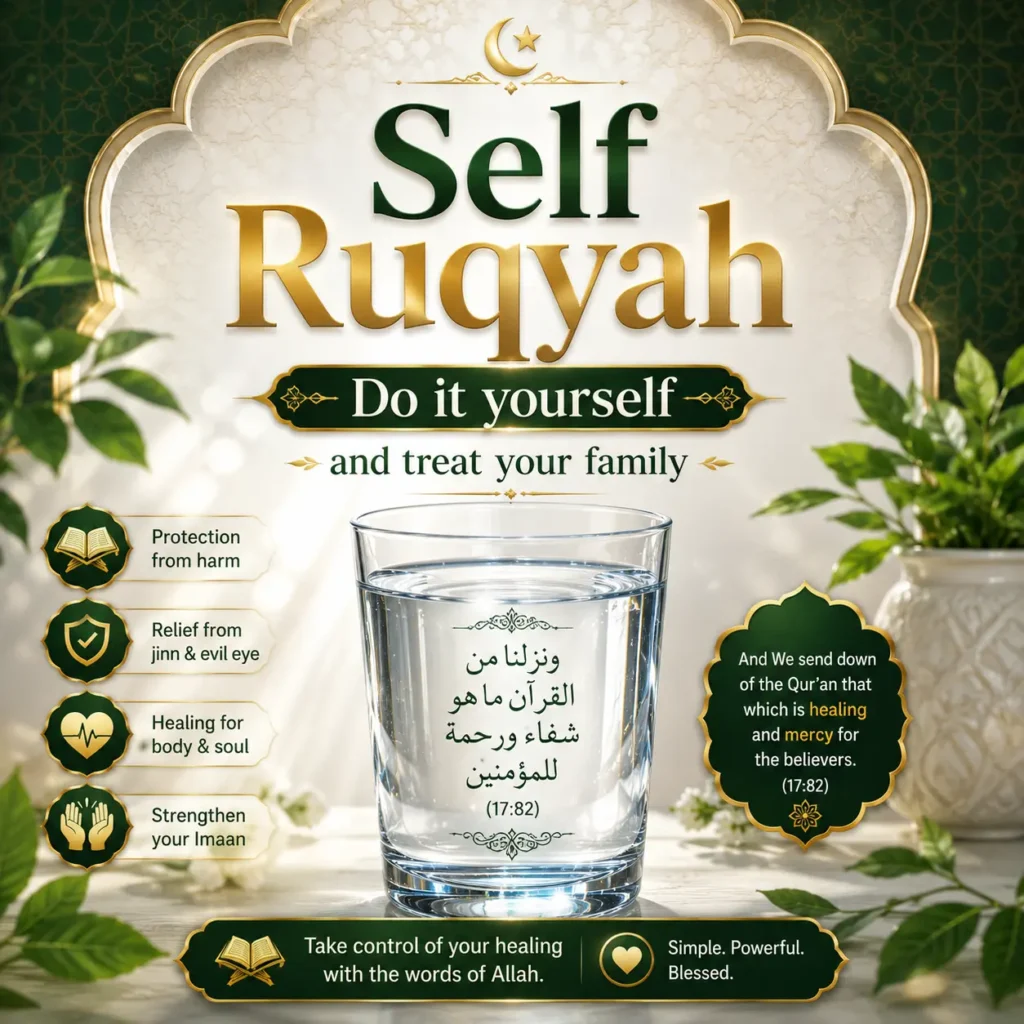 Self Ruqyah guide graphic featuring a glass of water, Quran, and step-by-step instructions