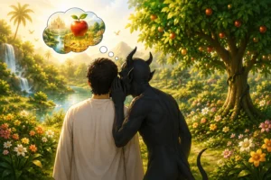 Shaytan whispering to Prophet Adam and Hawwa near the forbidden tree in Jannah