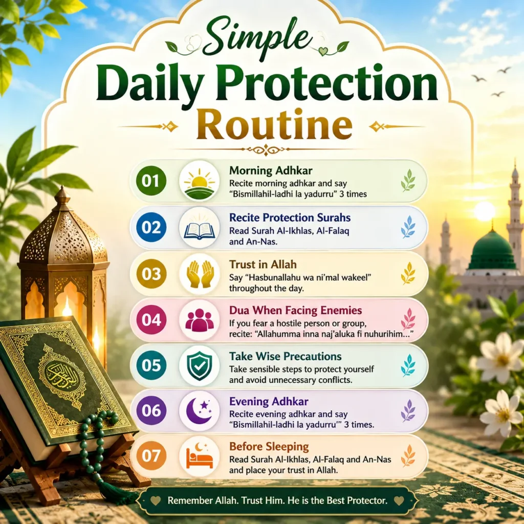 Daily protection dua routine chart showing recommended morning and evening supplications