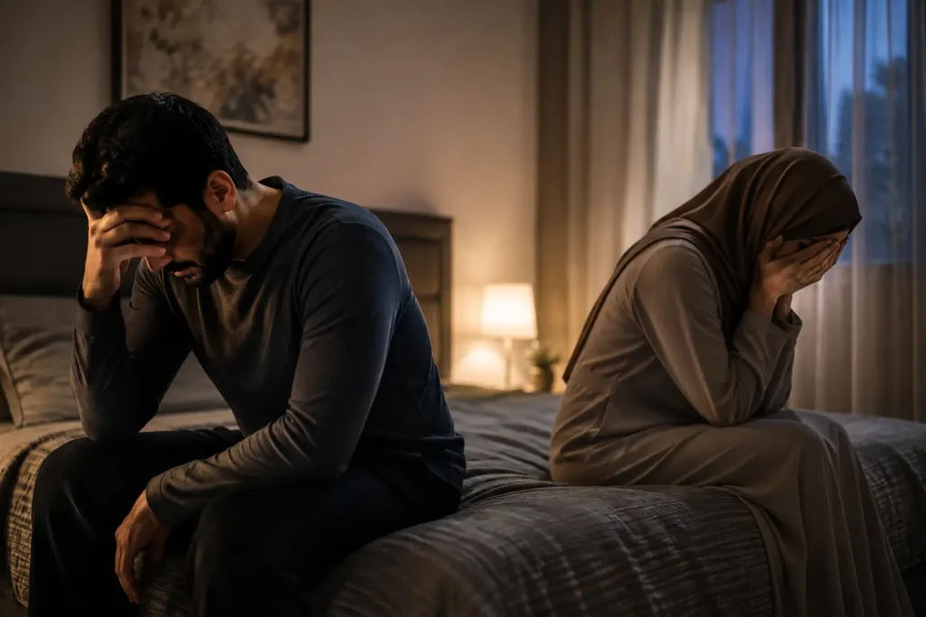 A stressed couple sitting apart in distress reflecting emotional strain in marriage