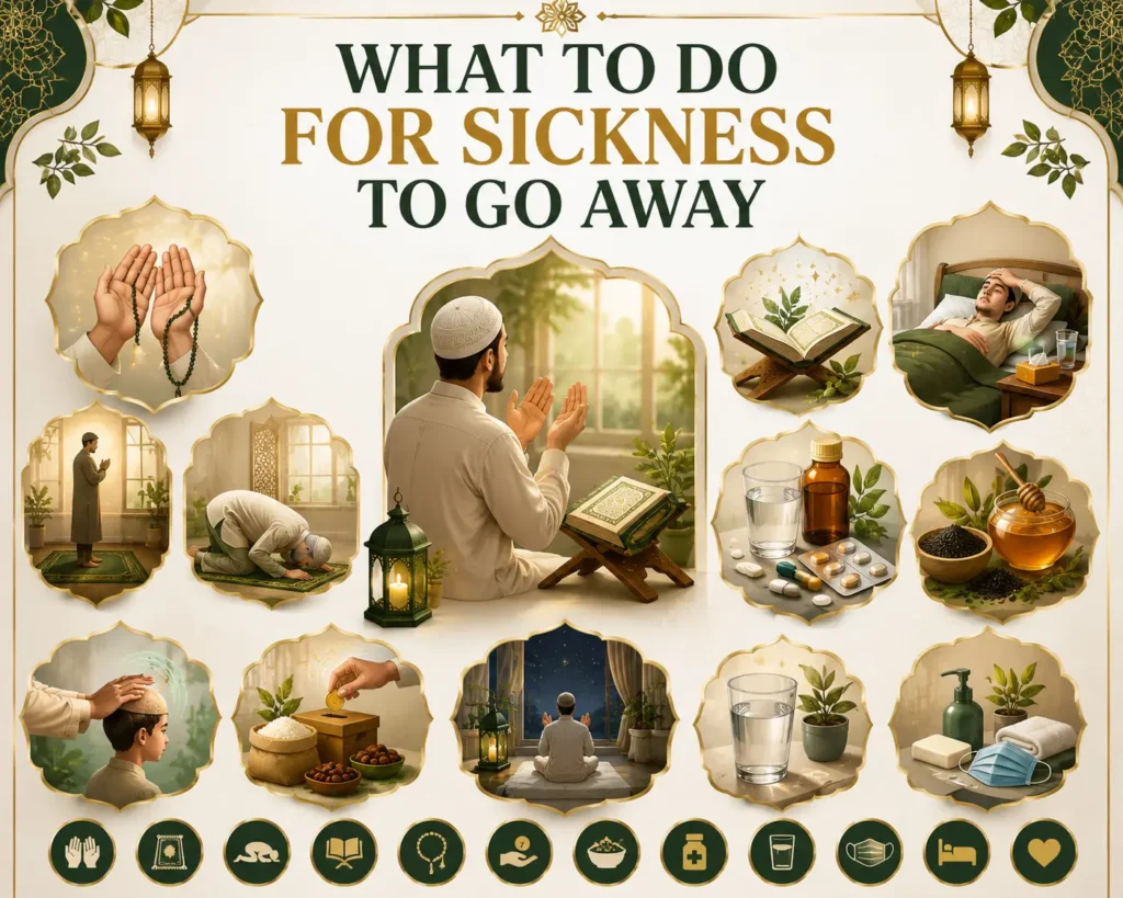 Infographic illustrating what to do and duas for sickness to go away in Islam.