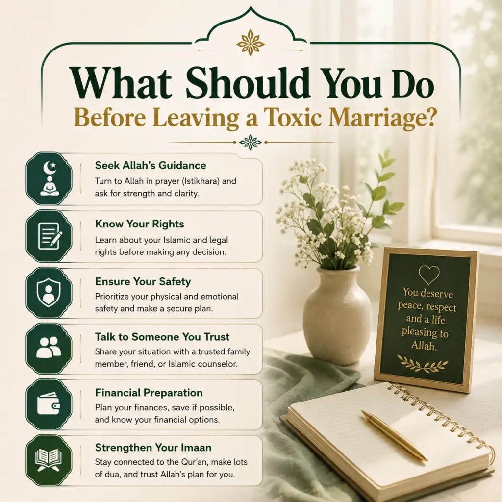 Infographic outlining practical Islamic guidance on what to do before leaving a toxic marriage