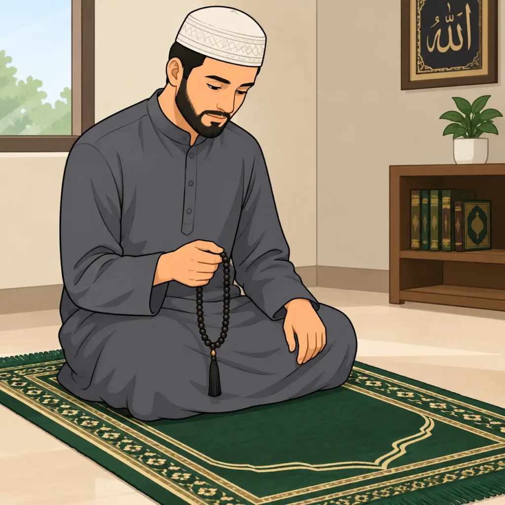 Muslim man reciting authentic adhkar and duas after Salah on a prayer mat.