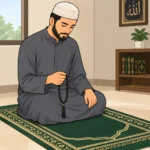 Muslim man reciting authentic adhkar and duas after Salah on a prayer mat.