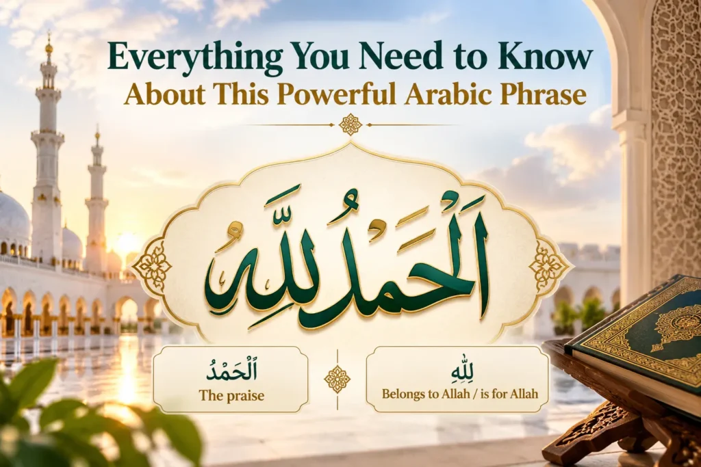 Alhamdulillah written in decorative Arabic calligraphy with English title text: Everything You Need to Know About This Powerful Arabic Phrase.