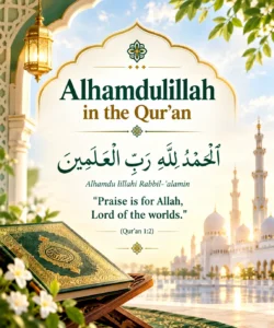 Alhamdulillah in the Quran infographic showing Arabic verse Alhamdulillahi Rabbil Alamin with English translation