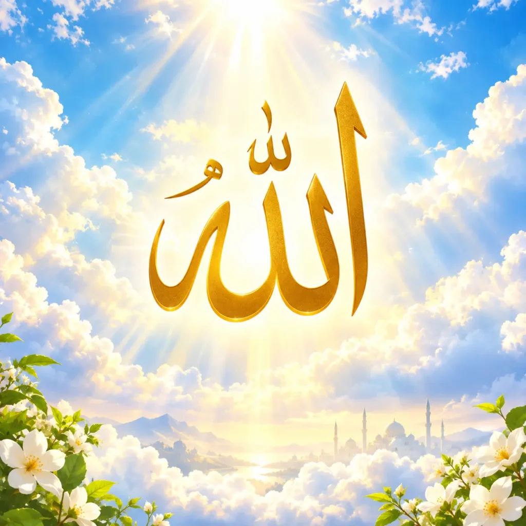 Arabic calligraphy of Allah in glowing gold against a bright blue sky with soft white clouds