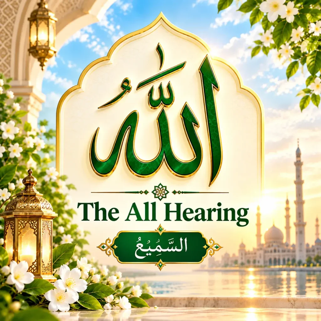 Beautiful Islamic calligraphy of the Name of Allah Al-Sami, representing how Allah hears every dua